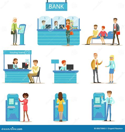 银行业务专家和客户另外财务咨询学校， ATM现金操作和其它事项 向量例证 - 插画 包括有 现金, 货币: 80670865