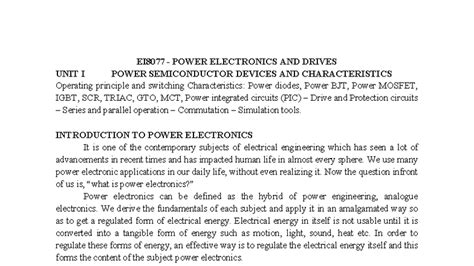 EI8077 Power Electronics and Drives Unit I - Power Semiconductor ...