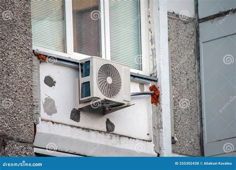 Air Conditioner Mini Split System Next To Home With Brick Wall Royalty ...