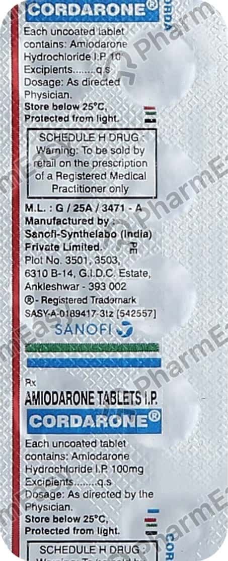 Cordarone 100 MG Tablet (10): Uses, Side Effects, Price & Dosage ...