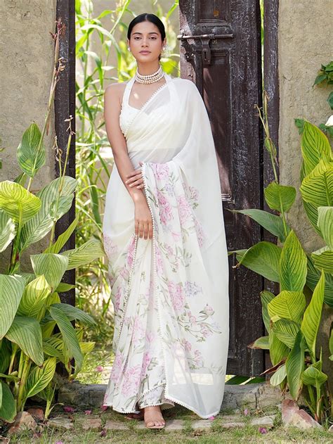 Buy Off White Hand Embroidered Georgette Saree with Blouse- Set of 2 ...