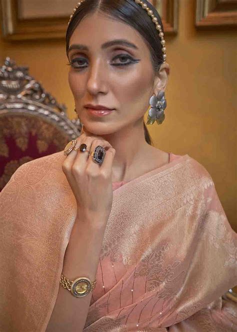 Coral Pink Woven Banarasi Silk Saree with Sequins work - Clo