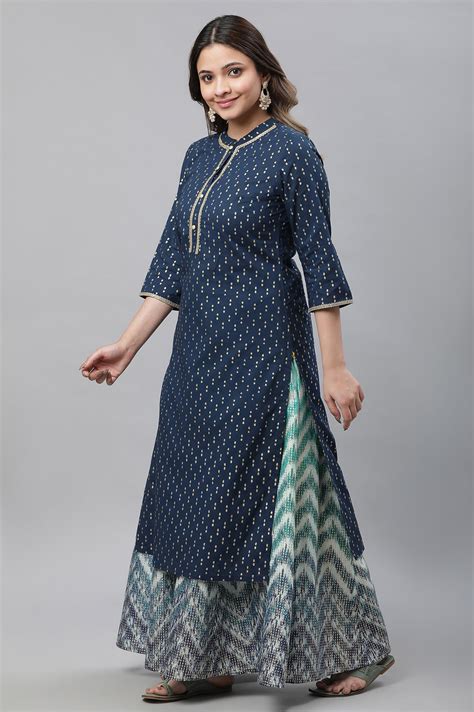 Buy Blue Polka Dot Ikat Foil Printed Straight Cotton Kurta Online for ...