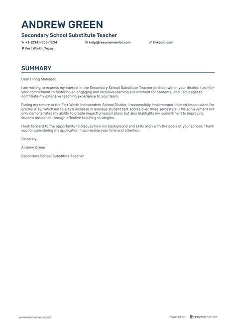Substitute Teacher Cover Letter Examples by ResumeMentor.com ...