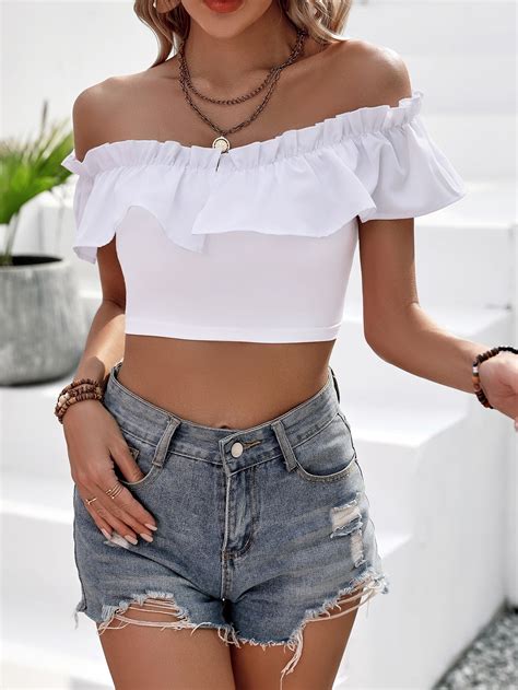 White Cropped Off Shoulder Top With Ruffle Detail – Outzidr