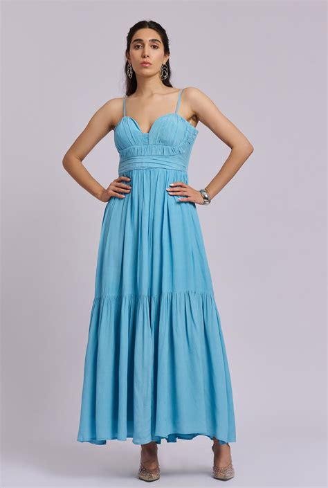 Elara Blue Strappy Pleated Flowy Maxi Dress – The Tropiq
