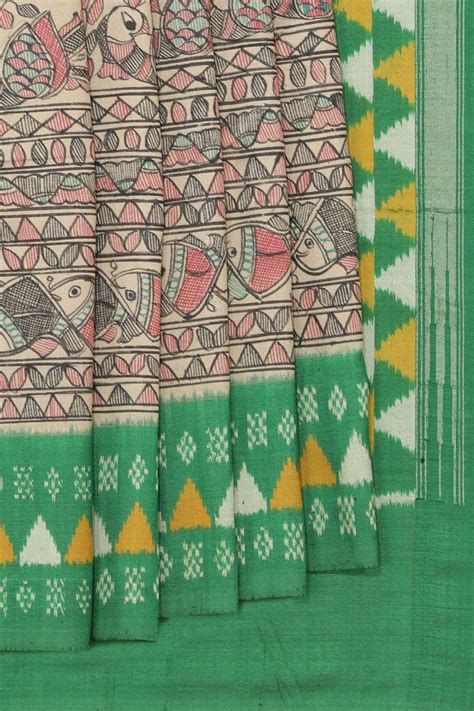 Madhubani Painted Cream Saree – Kalanjali