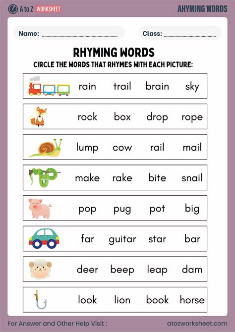 Rhyming Words Worksheet for UKG To Grade 1 (Free PDF) - A to Z Worksheet