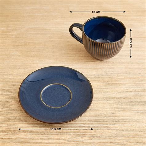 Buy Caraway Somber Set of 6 Stoneware Cups and Saucers with Metal Stand ...