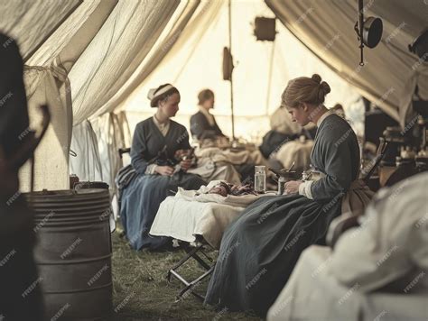 Civil War nurses tending to wounded soldiers in a makeshift field ...