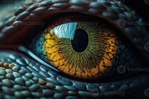 Close up of colourful lizard eye. A macro of a reptile multi colored ...