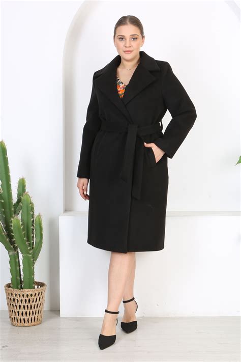 Mooi XXL Kadın Siyah Kemer ve Astar Detay Büyük Beden Cepli Yün Kaşe Kaban Fiyatı, Yorumları ...