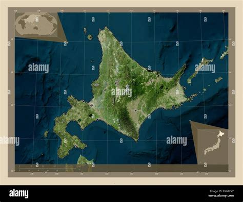 Hokkaido, circuit of Japan. High resolution satellite map. Locations of major cities of the ...