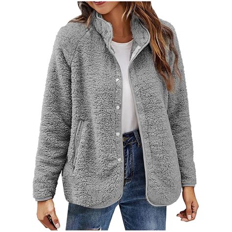 Leadmall Women Fleece Jackets Snap Buttons Closure Lapel Long Sleeve ...