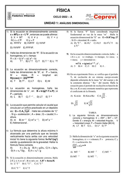 Física 1 - Fisica - Si la ecuación es dimensionalmente correcta: x ...