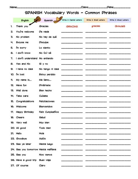 Spanish Common Phrases Vocabulary Word List Column Worksheet - Made By ...