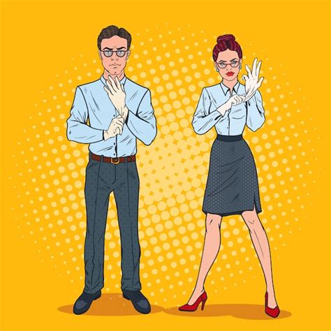 Pop art couple of serious inspectors in white gloves | Premium Vector