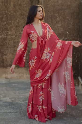 Buy Red Cotton, Muslin Embroidery Plunge Florette Print Pre-draped ...