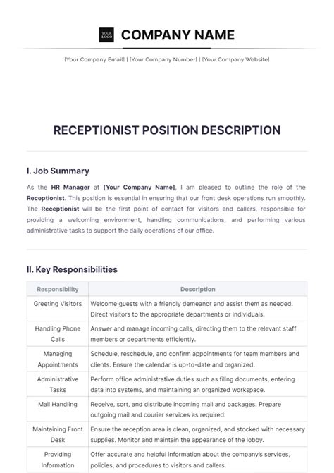 Free Receptionist Position Description Template to Edit Online