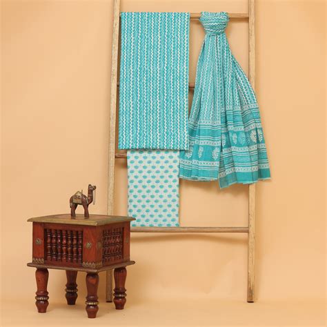 Hamza blue hand block printed cotton unstitched Suit set – Kameez.co