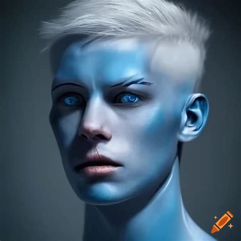 Portrait of a determined man with wise steel-blue eyes, bearing marks ...