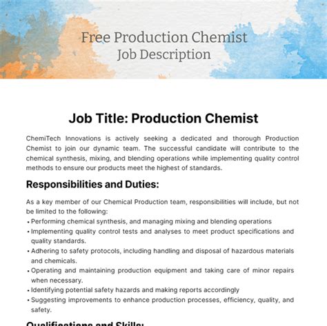 Free Production Chemist Job Description Template to Edit Online