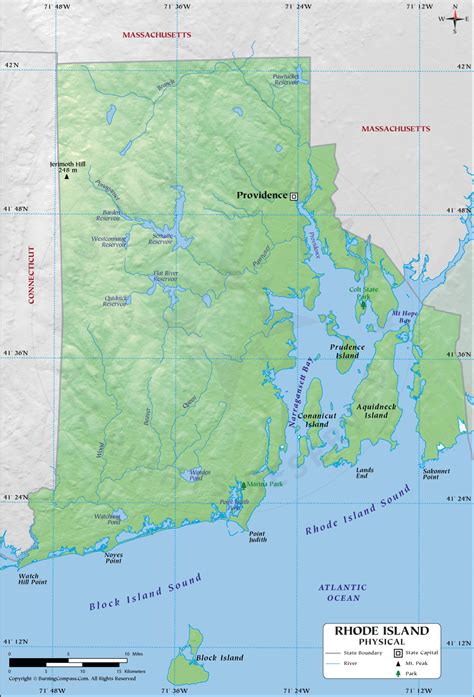Rhode Island Physical Map showing Geographical / Physical Features with ...