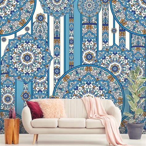 Wallpaper for House Wall, Circular designs on a striped surface ...