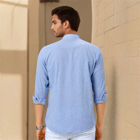 Buy Sky Blue Mandarin Collar Solid Linen Cotton Shirt for Men | Rustorange