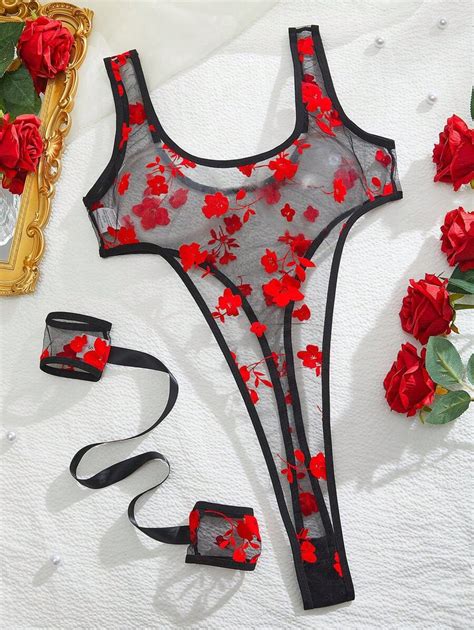 Women's Sexy Floral Flocked & Mesh Bodysuits | SHEIN USA