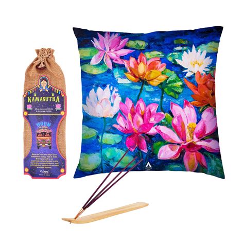Archies Lotus Print Fabric Cushion and Incense Stick Set (30 cm x 30 cm ...