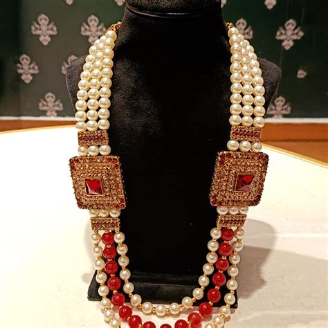 Pearl and Maroon Polki Pendant Layered Mala – De Royal Mens Ethnic