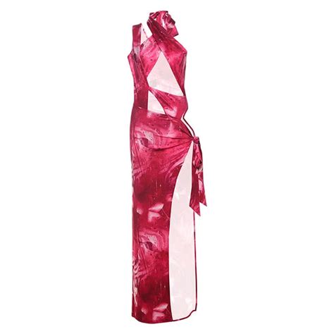 Hollow out irregular slit print halter cut out maxi dress – Uncut-Trends