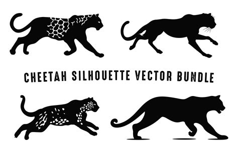 Cheetah Vector Silhouette black and white Set, Running Cheetah ...