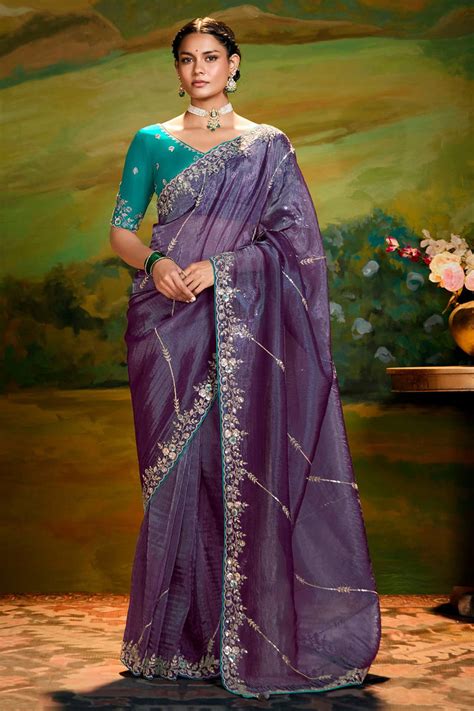 Buy Purple Embroidered Border Organza Saree From Designer Lehenga Choli