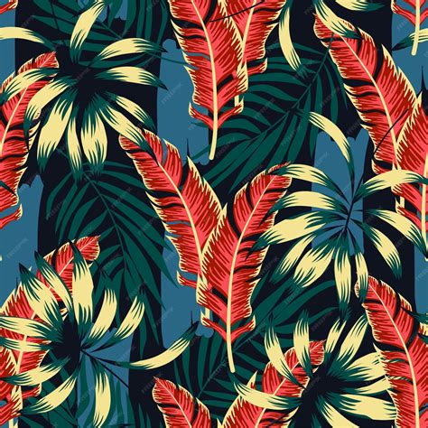 Fashionable seamless tropical pattern with bright plants and leaves on ...