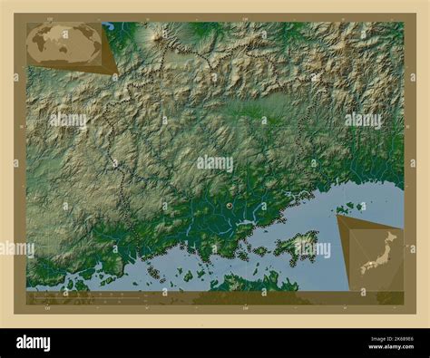 Okayama, prefecture of Japan. Colored elevation map with lakes and rivers. Corner auxiliary ...