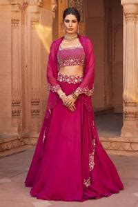 Buy Pink Tussar Silk And Organza Square Neck Embellished Cape Lehenga ...