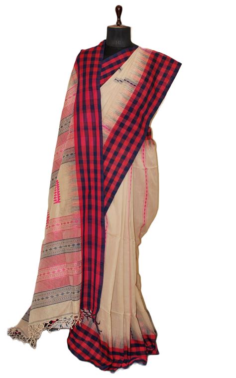 Handwoven Checks Border Soft Cotton Kalakshetra Saree in Parchment, Ma ...