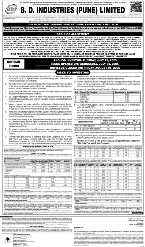 B.D.Industries (Pune) IPO Date, Price, GMP, Review, Details