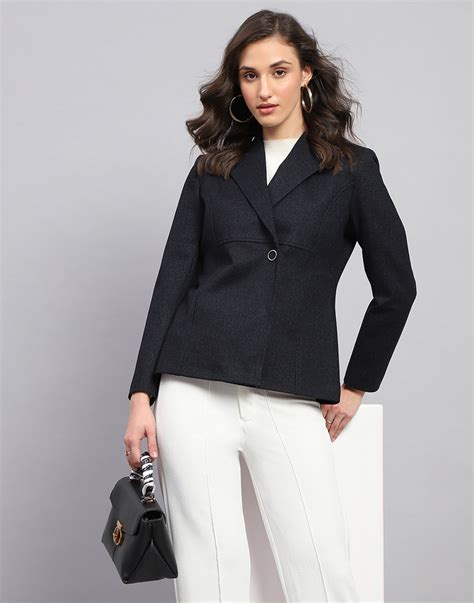 Buy Women Navy Blue Solid Notch Lapel Collar Full Sleeve Coat Online in ...