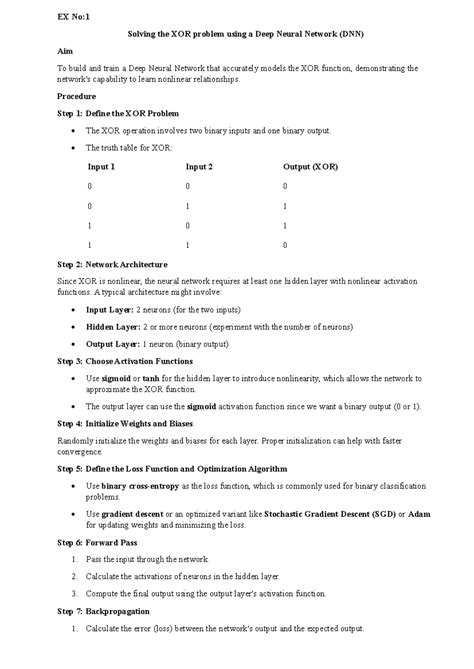Deep learmning lab document - EX No: Solving the XOR problem using a ...