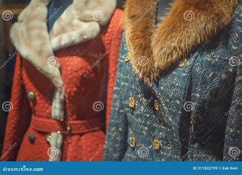 Luxurious Fur Trimmed Coats on Display in High End Fashion Boutique ...