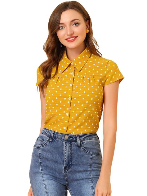 DARING DIVA Women's Retro Point Collar Short Sleeve Polka Dots Shirts S ...