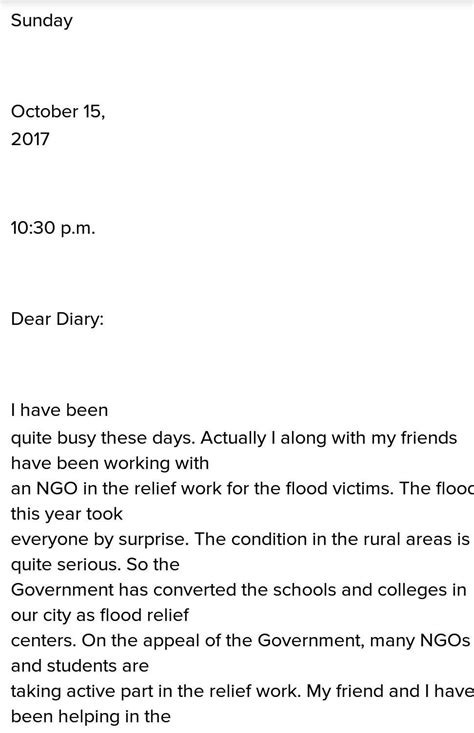 write a dairy entry of flood relief camp in which you took active part ...