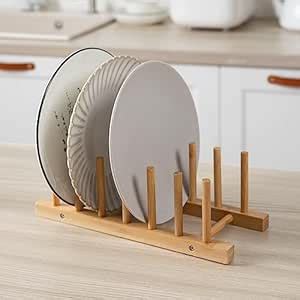 HOKIPO Bamboo Wooden Dish Rack/Plate Stand Holder for Kitchen, 6 Slots ...