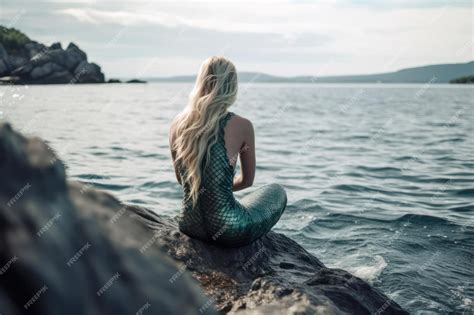 Premium AI Image | Mermaid sit on a rock on the seashore generative ai