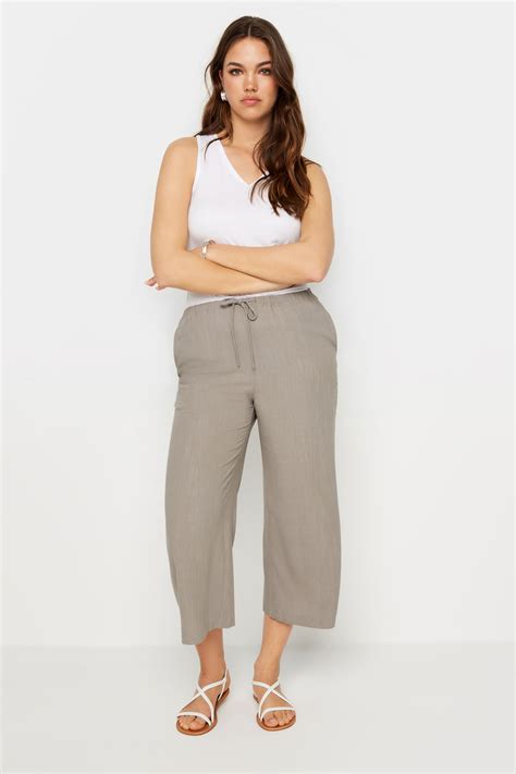 LTS Tall Women's Beige Brown Linen Tie Waist Cropped Trousers | Long ...
