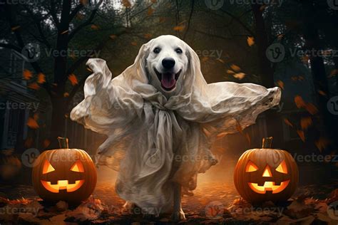 Halloween theme. dog in ghost costume with pumpkins on dark background ...
