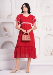 JC4U Women Gathered Red Midi/Calf Length Dress - Buy JC4U Women ...